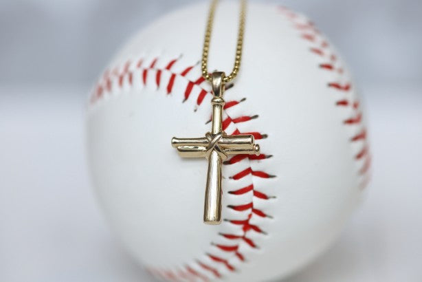 Gold Black Enameled Gripped Baseball Bat Cross Necklace